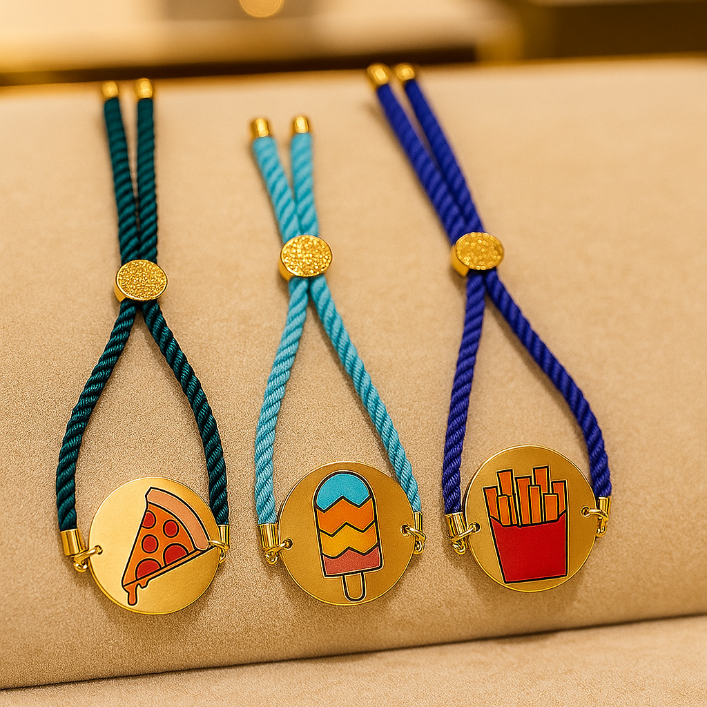 Three colorful rakhi charm bracelets with unique charm designs on a beige surface.