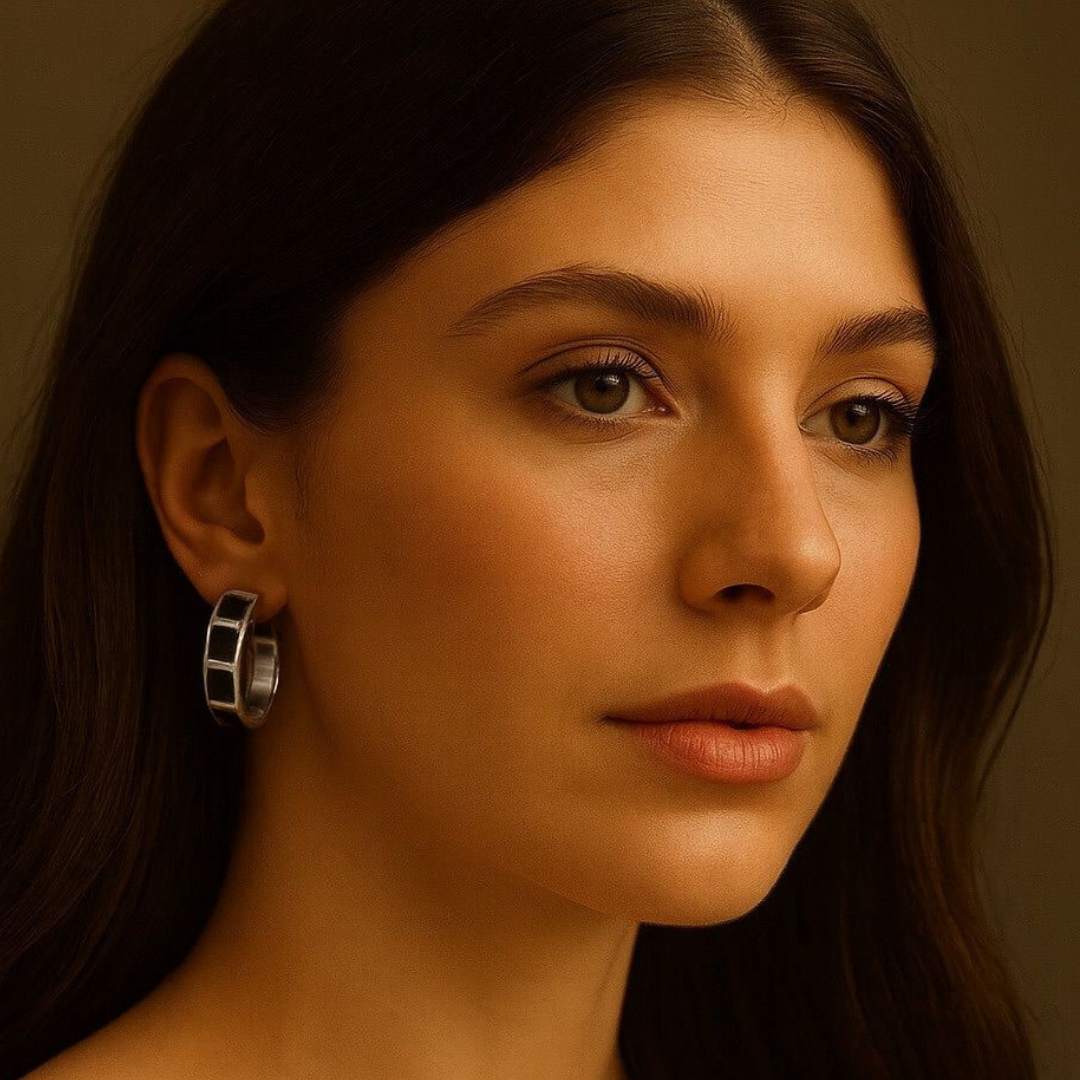 Carra Silver hoops earrings with black square pattern from House of Pehr