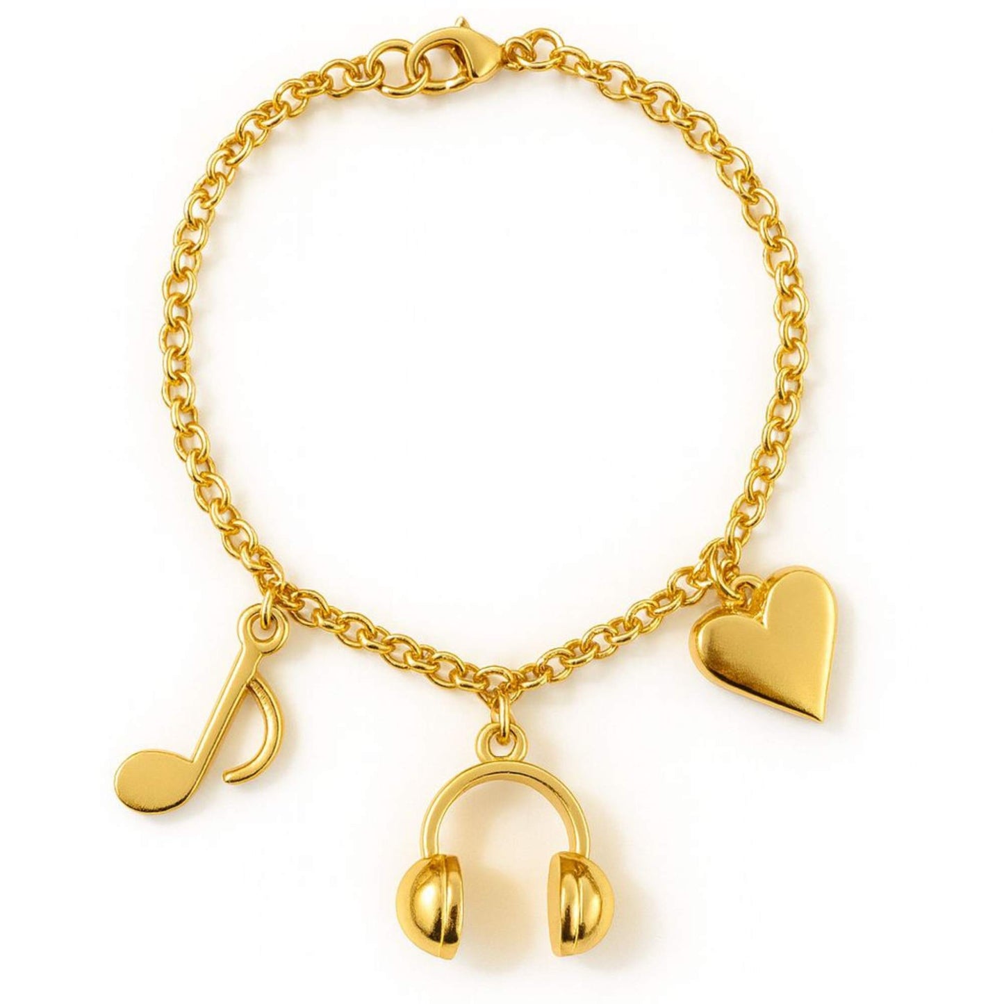 Gold bracelet with music note, heart, and headphone charms. Cadence Bracelet from House of Pehr