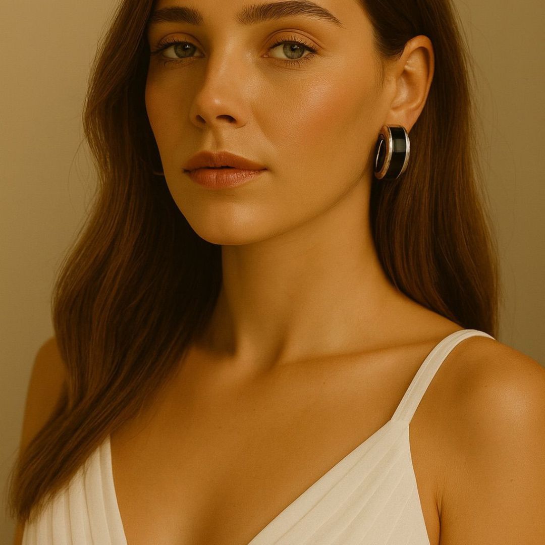 Silver Noire hoop earrings with black Inlay from House of Pehr