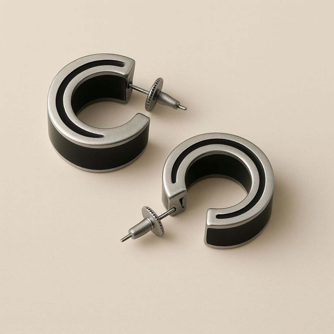 Silver Noire hoop earrings with black Inlay from House of Pehr