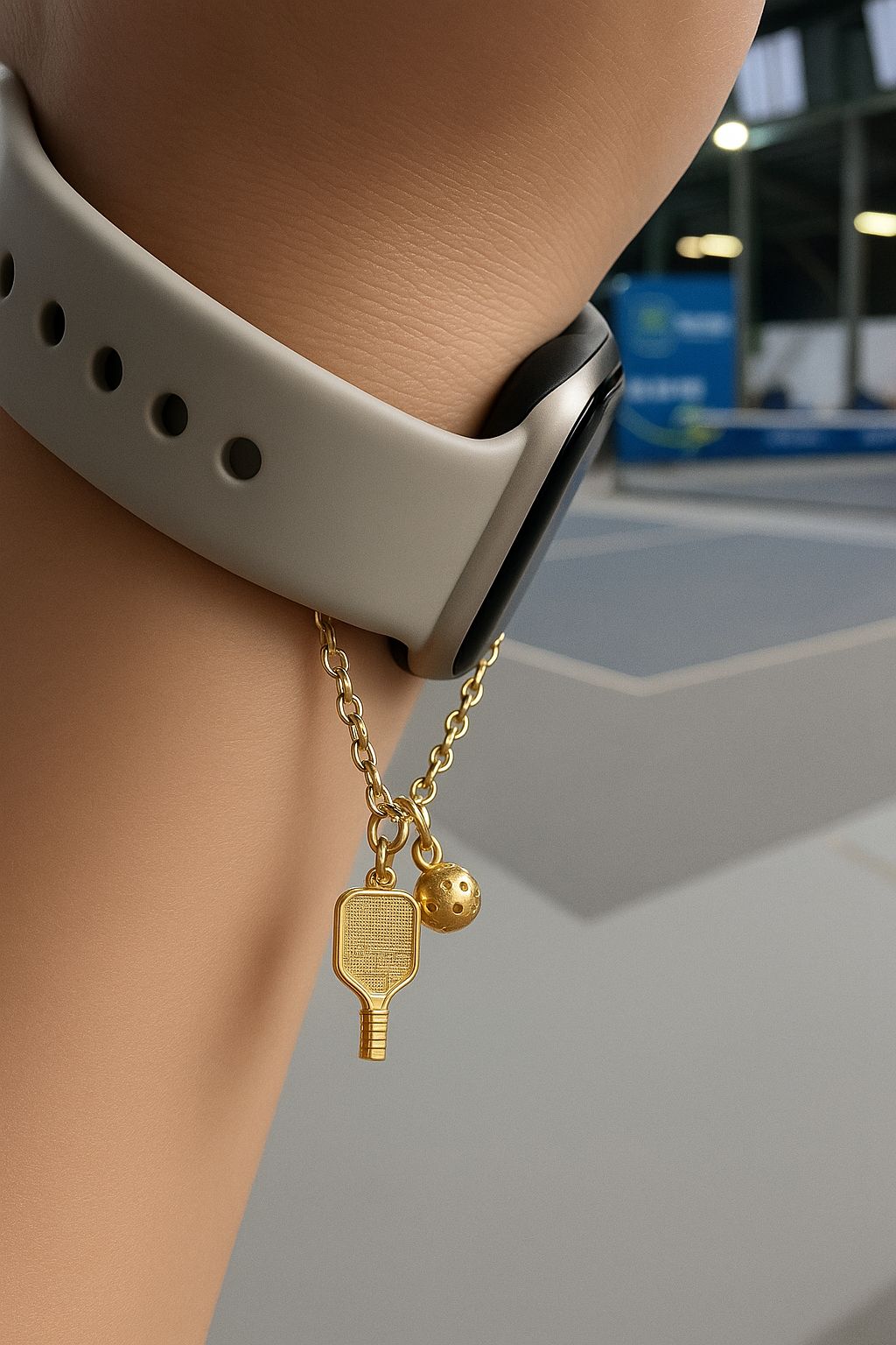 Gold watch charm with pickleball paddle and ball on a Watch against a blurred background