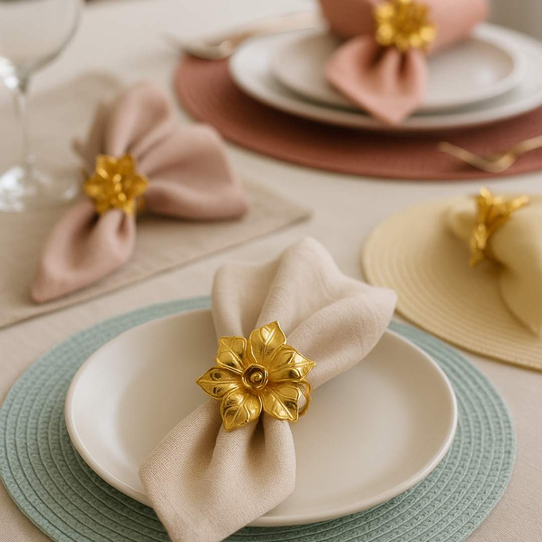 Blossom Napkin Rings - A set of napkin rings with silver and gold colors, featuring a floral design, displayed on a dining table from House of Pehr