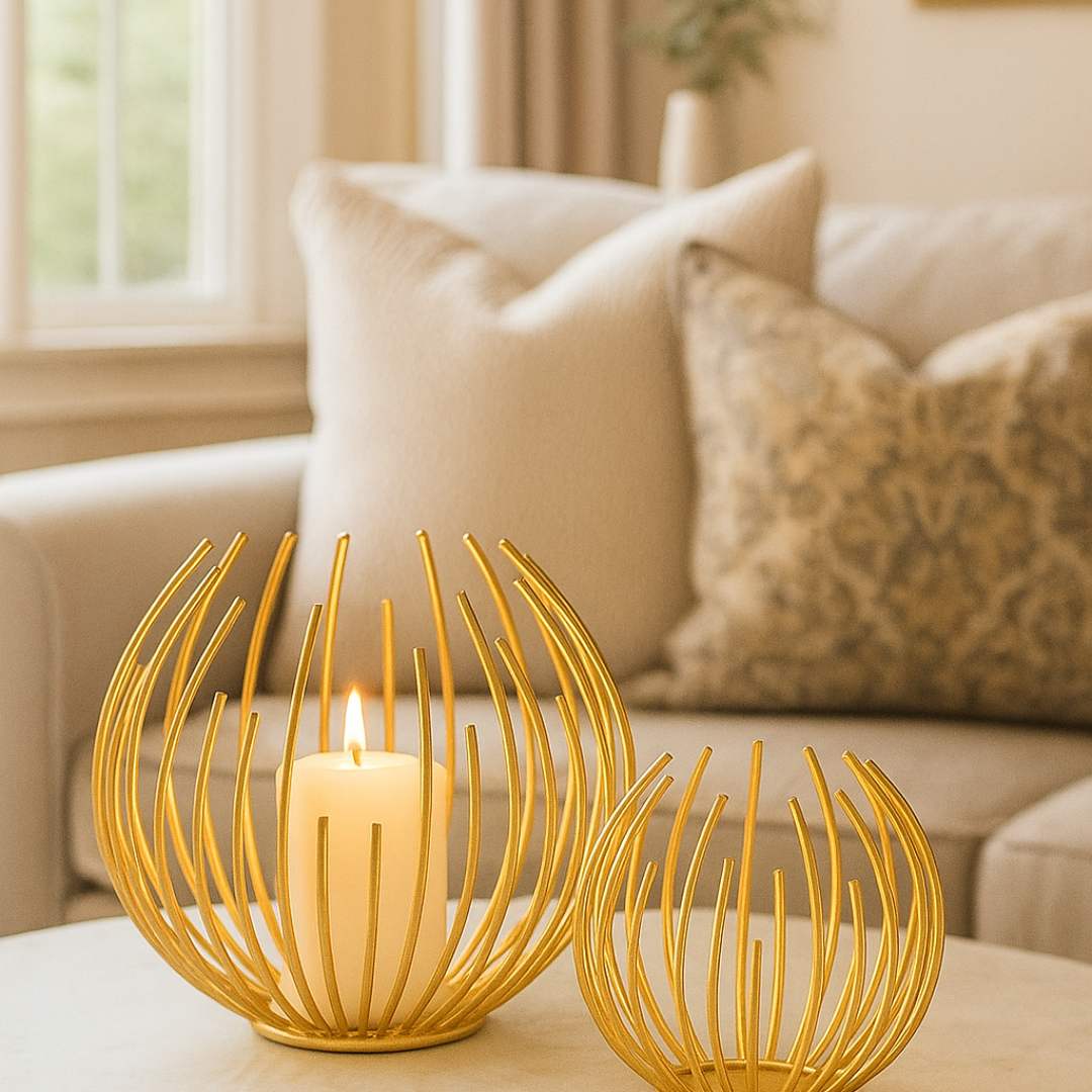 Two decorative Aura candle holders on a table with a plant and sofa in the background from House of Pehr