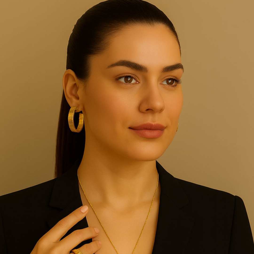 Woman wearing gold Orbit hoop earrings with a neutral background from House of Pehr