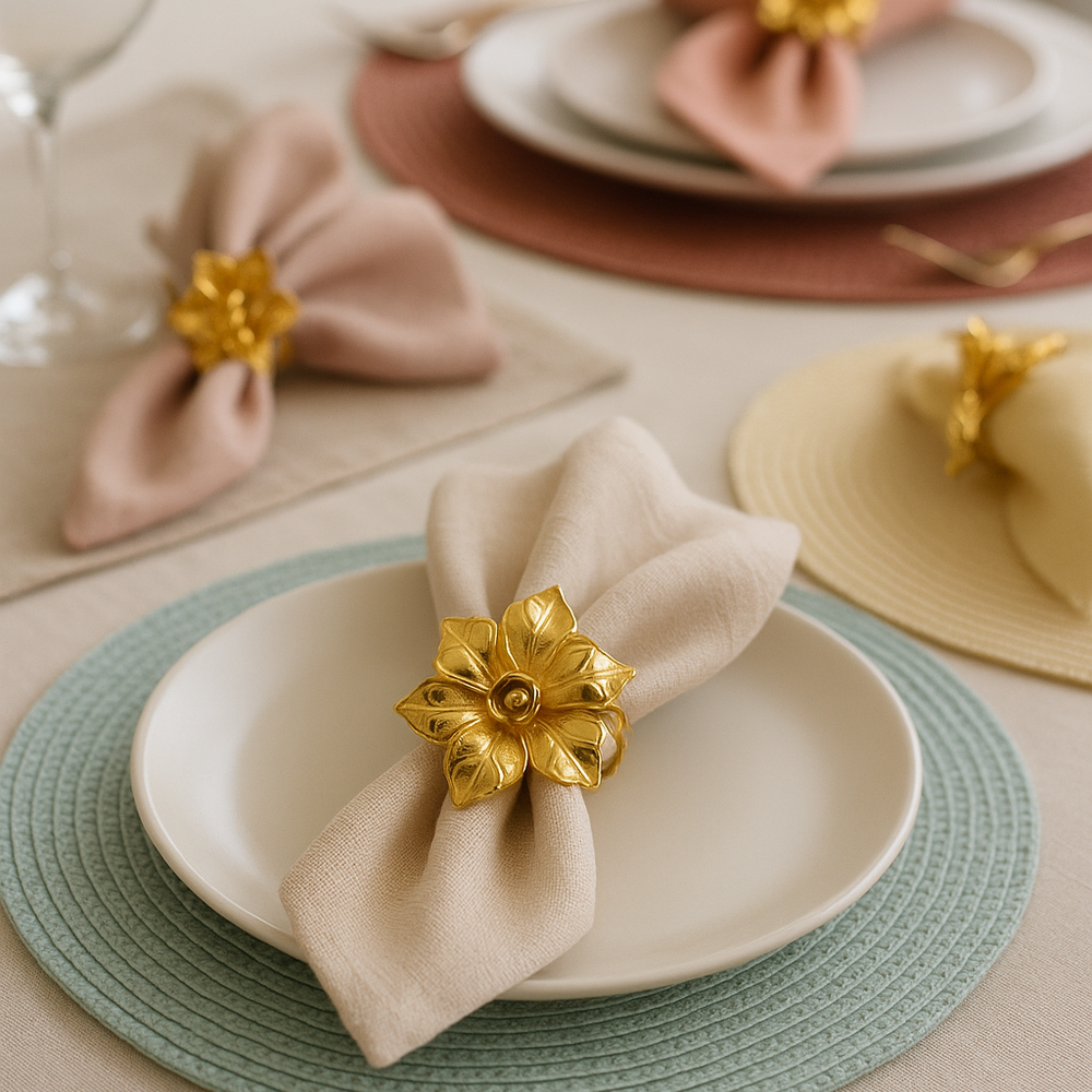Blossom Napkin Rings - A set of napkin rings with silver and gold colors, featuring a floral design, displayed on a dining table from House of Pehr - Image 1