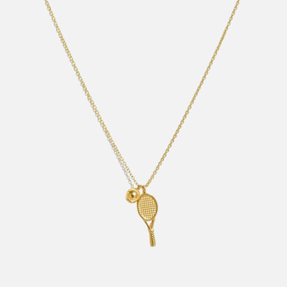 Gold necklace with tennis racket and ball pendant from House of Pehr