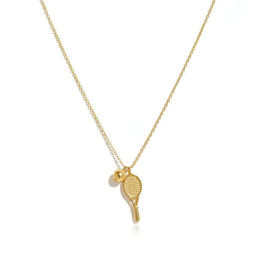 Gold necklace with tennis racket and ball pendant from House of Pehr