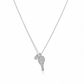 Silver tennis racket pendant on a chain against a white background