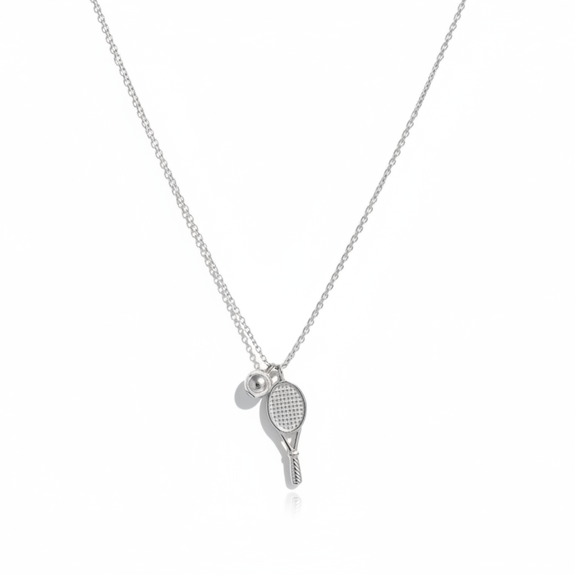 Silver tennis racket pendant on a chain against a white background - Image 6