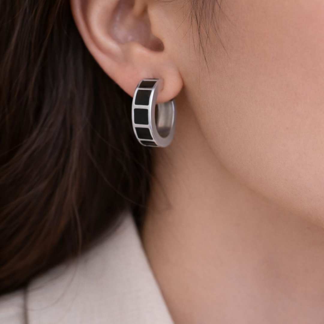 Carra Silver hoops earrings with black square pattern from House of Pehr