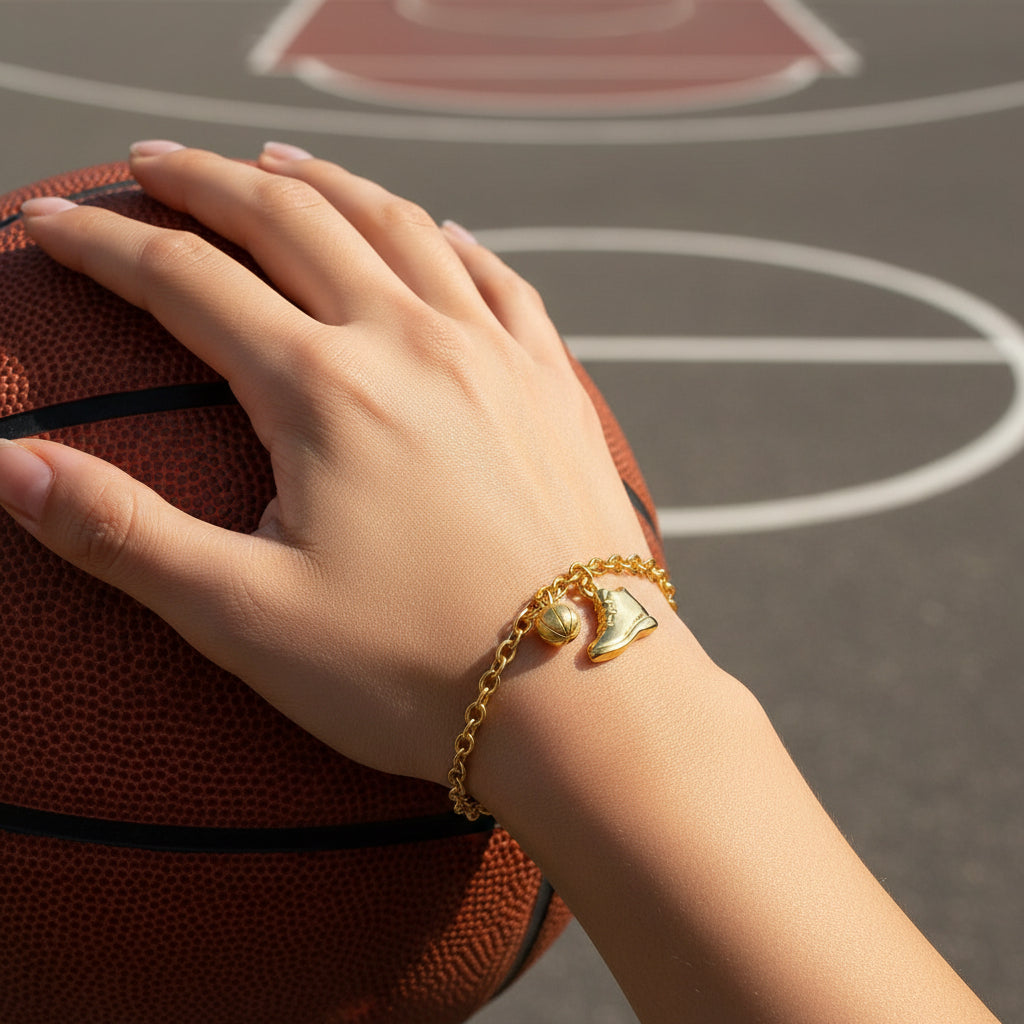 Gold bracelet with a shoe charm on a white background, basketball bracelet from house of pehr