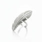 Silver feather-shaped ring on a white background, Zephyr Ring from House of Pehr