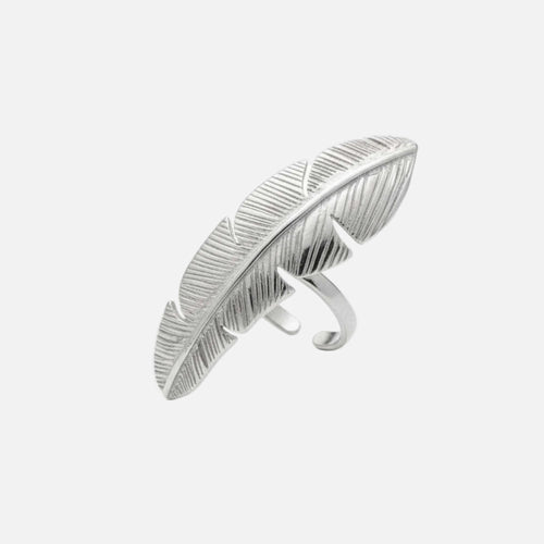 Silver feather-shaped ring on a white background, Zephyr Ring from House of Pehr