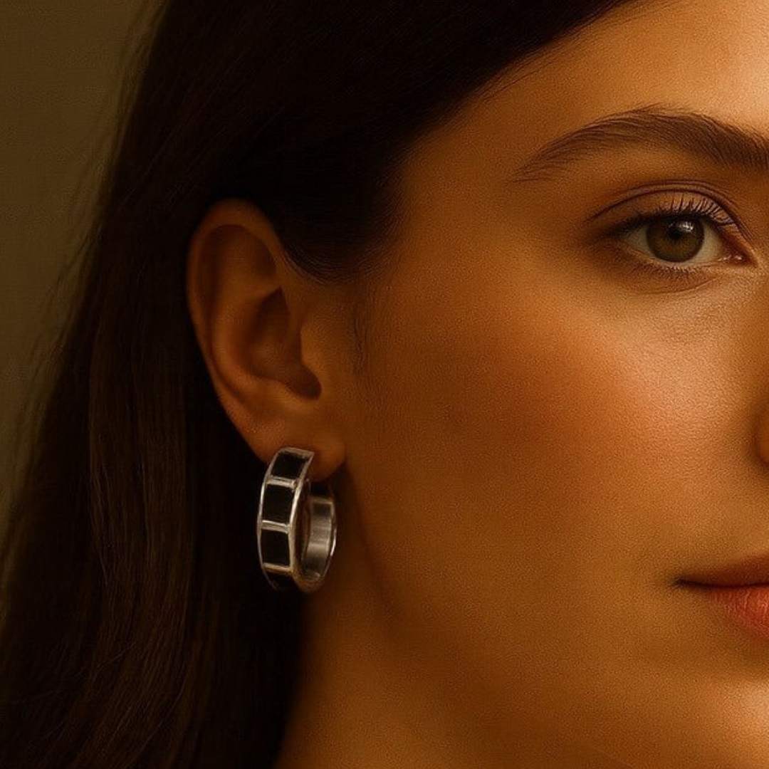 Carra Silver hoops earrings with black square pattern from House of Pehr