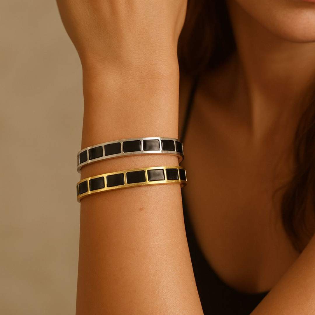 Carra bracelets with black square stones from House of Pehr