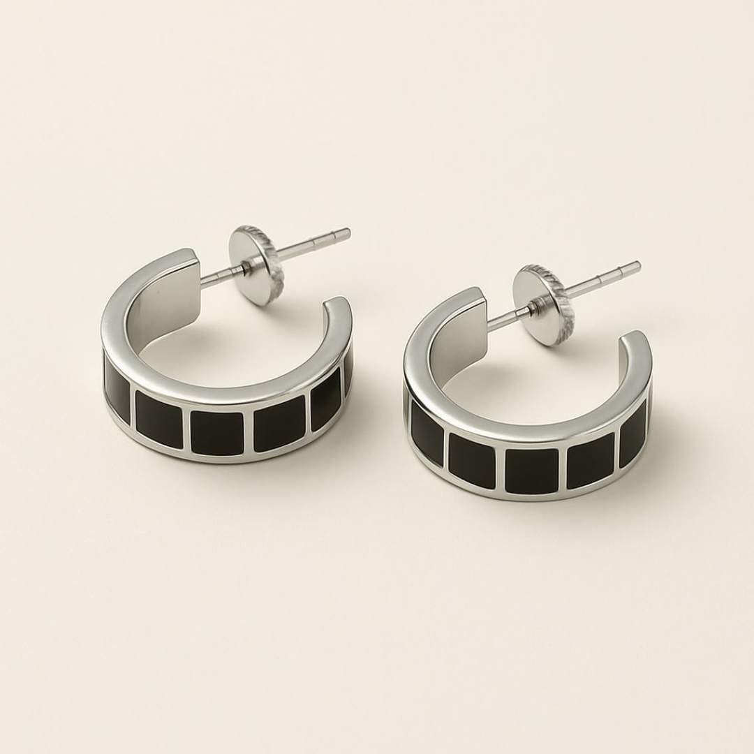 Carra Silver hoops earrings with black square pattern from House of Pehr