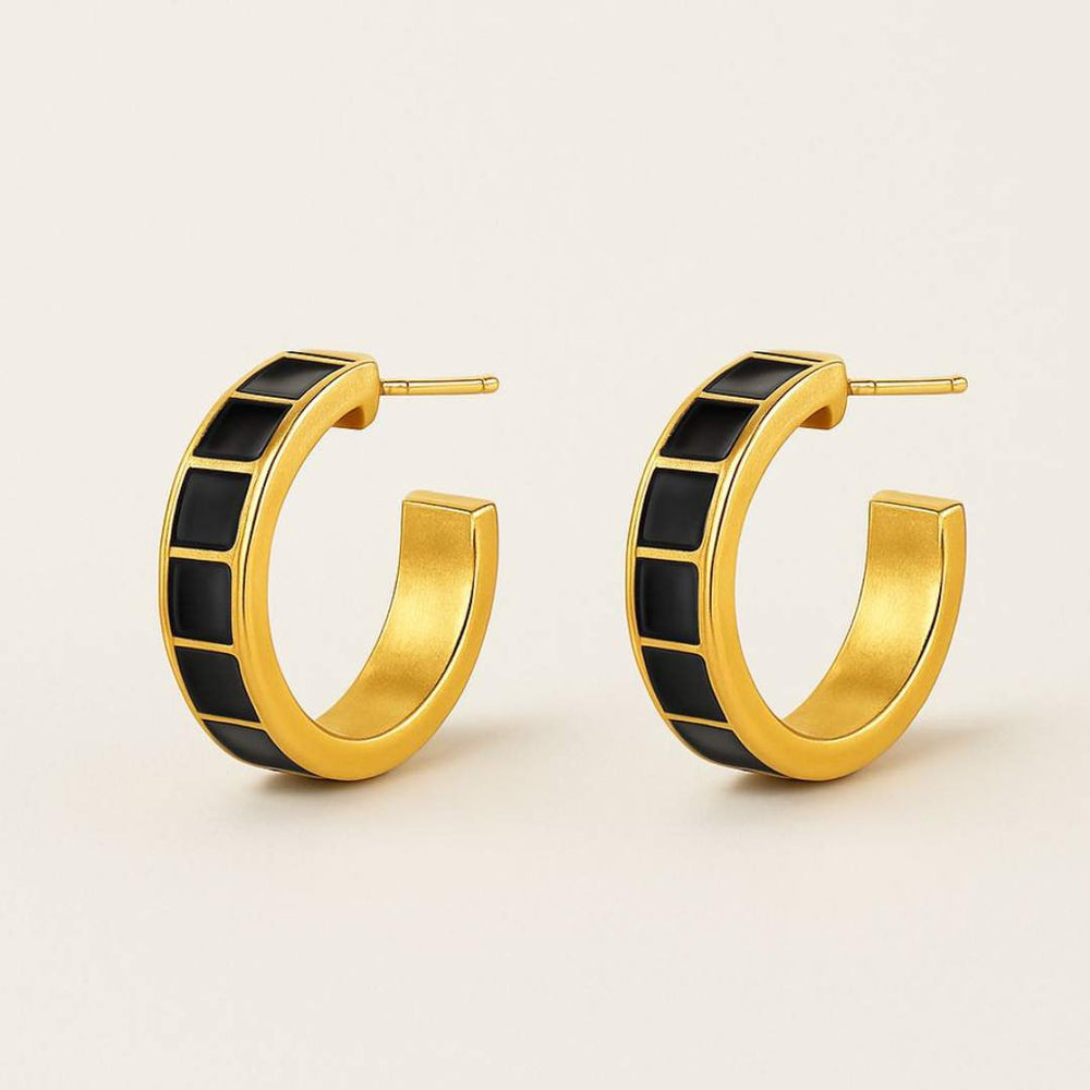 Carra Gold hoops earrings with black square pattern from House of Pehr - Image 3