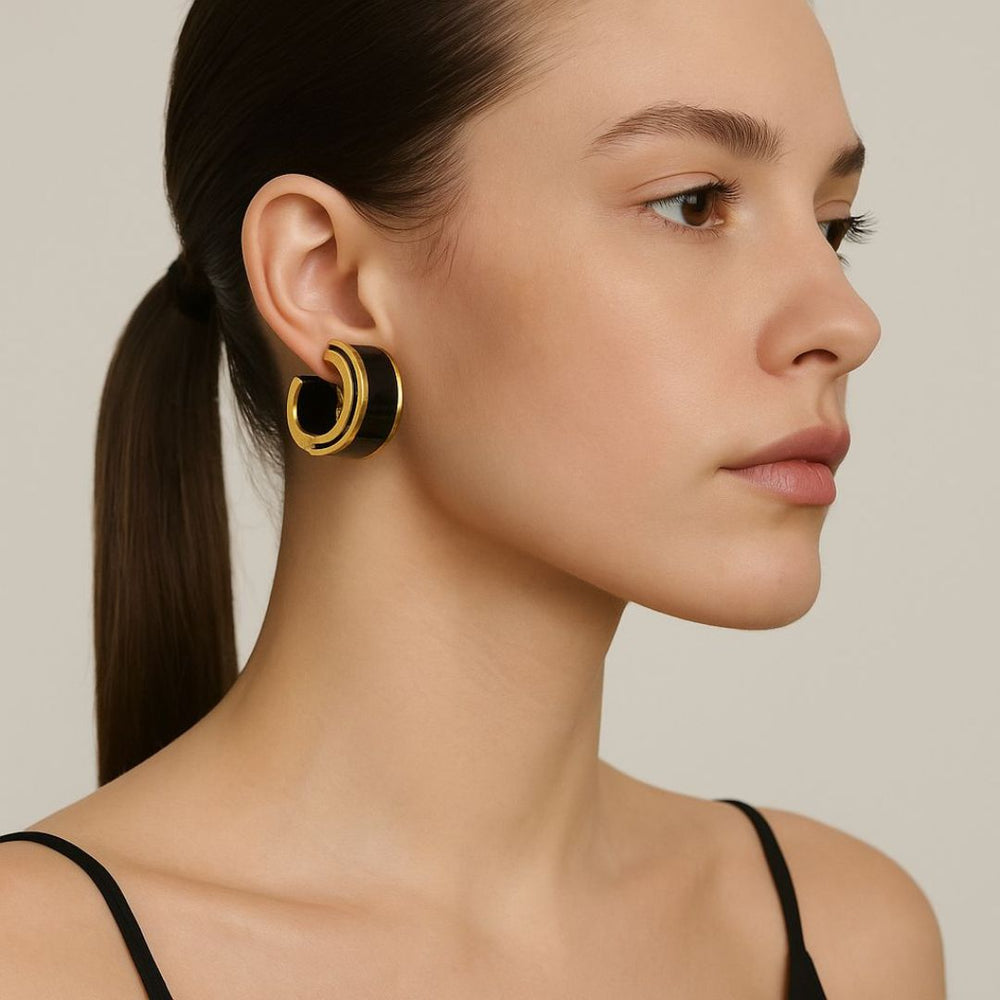 Gold Noire hoop earrings with black Inlay from House of Pehr - Image 7