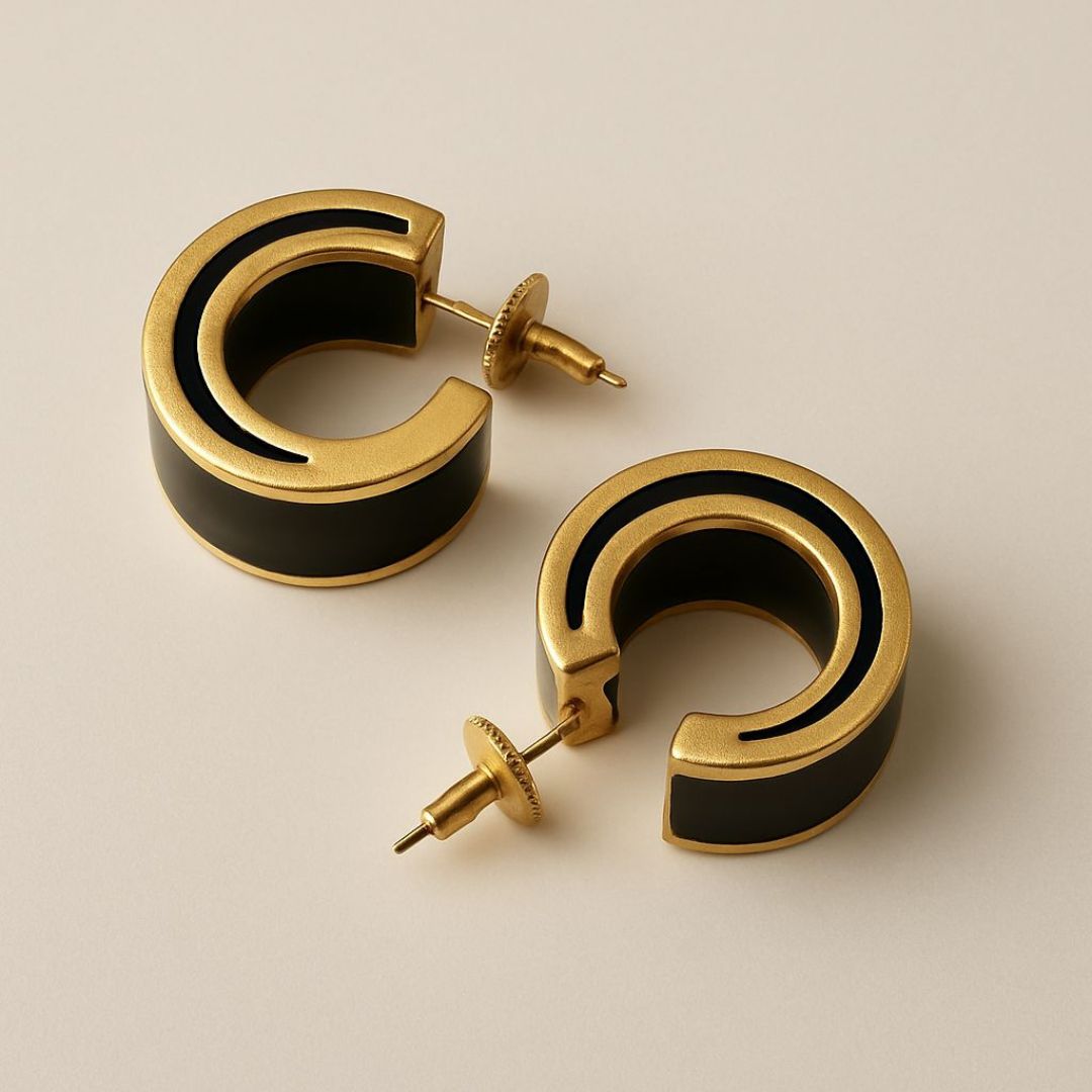 Gold Noire hoop earrings with black Inlay from House of Pehr