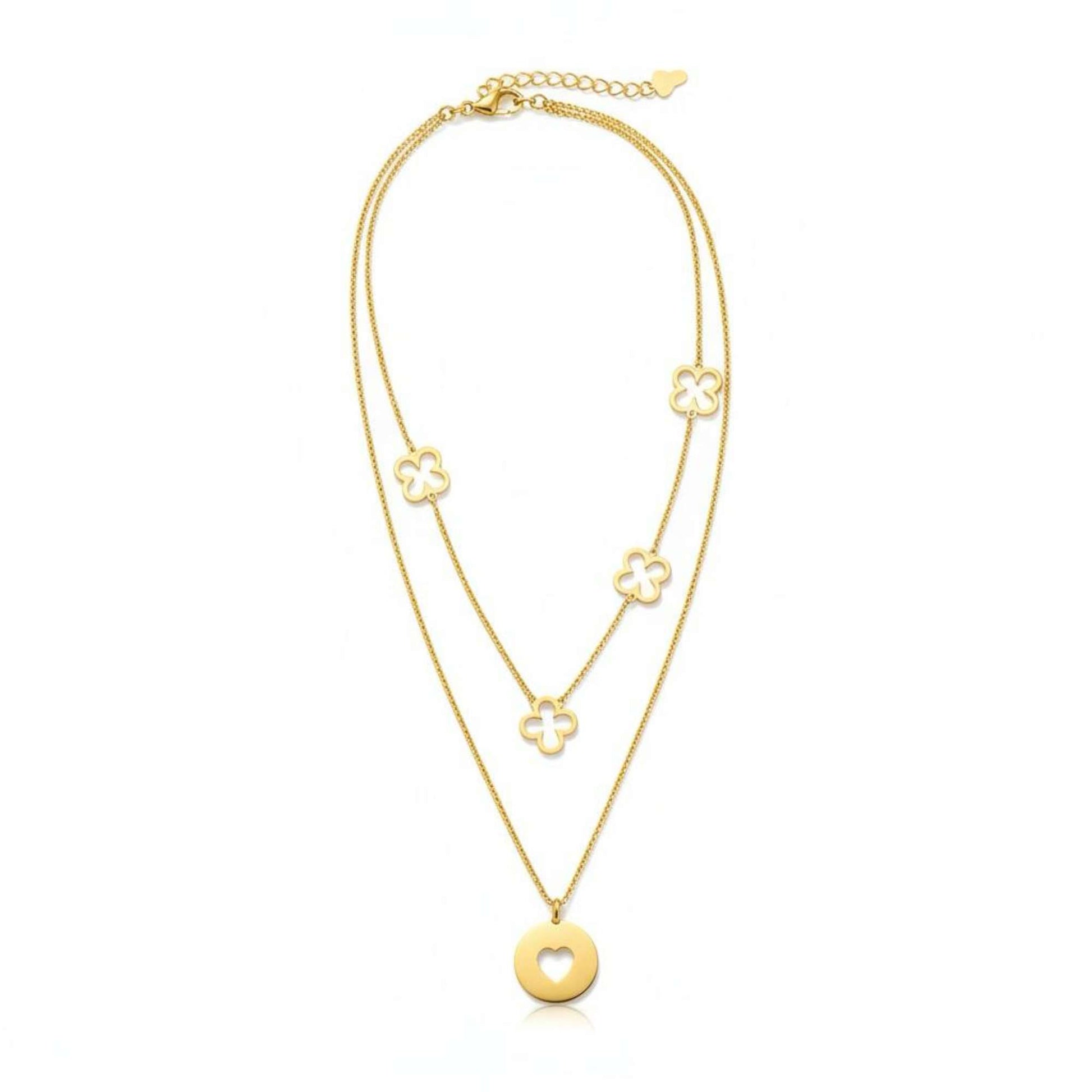 Amora Necklace from House of Pehr is a set of layered Gold plated necklaces with floral and heart motifs.