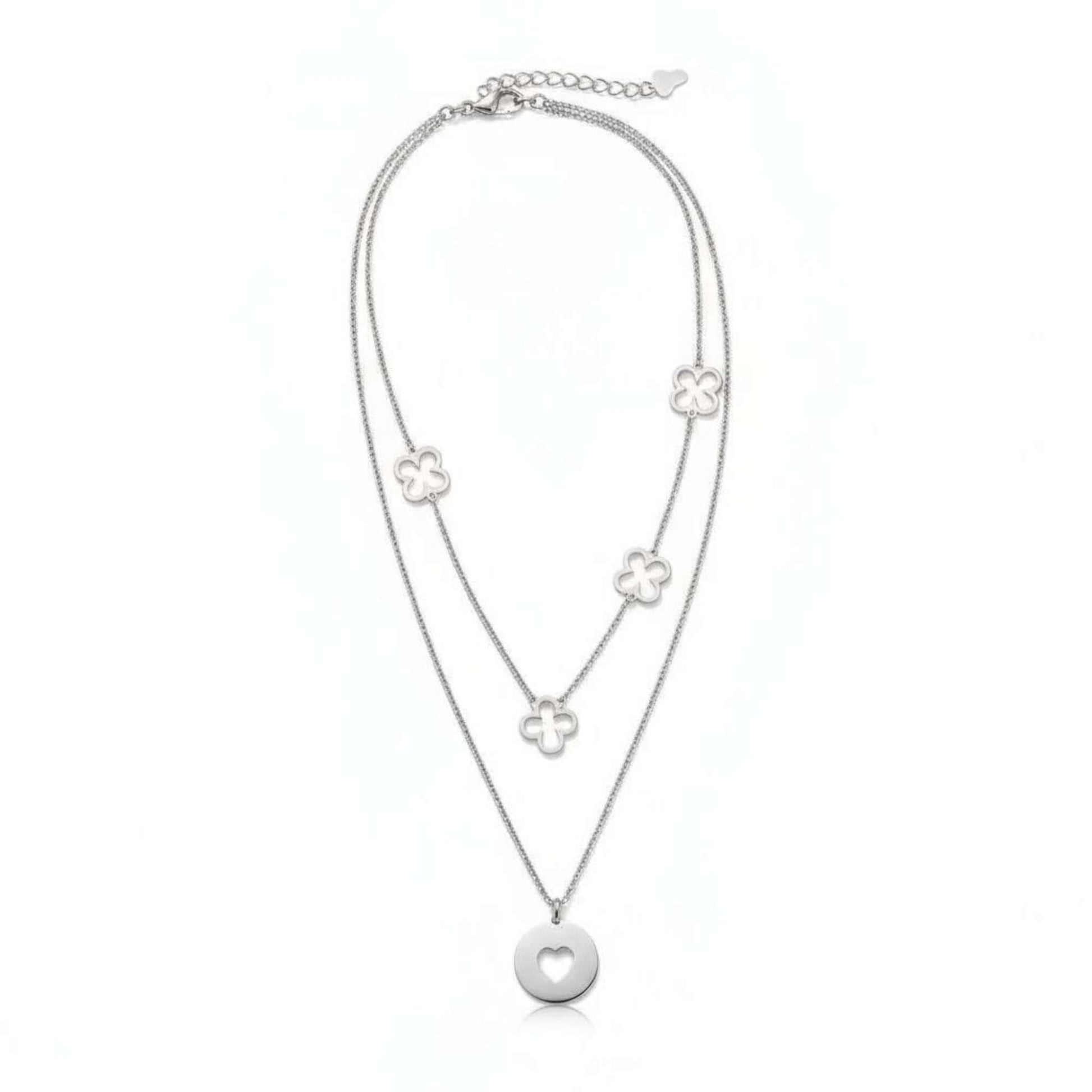Amora Necklace from House of Pehr is a set of layered silver plated necklaces with floral and heart motifs.