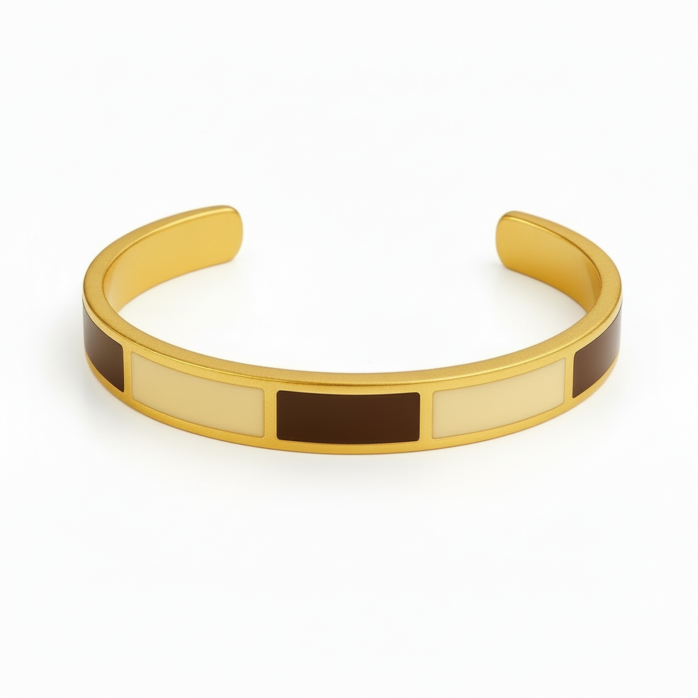 Dune Gold bangle with brown and beige accents on a light gray background - Image 2