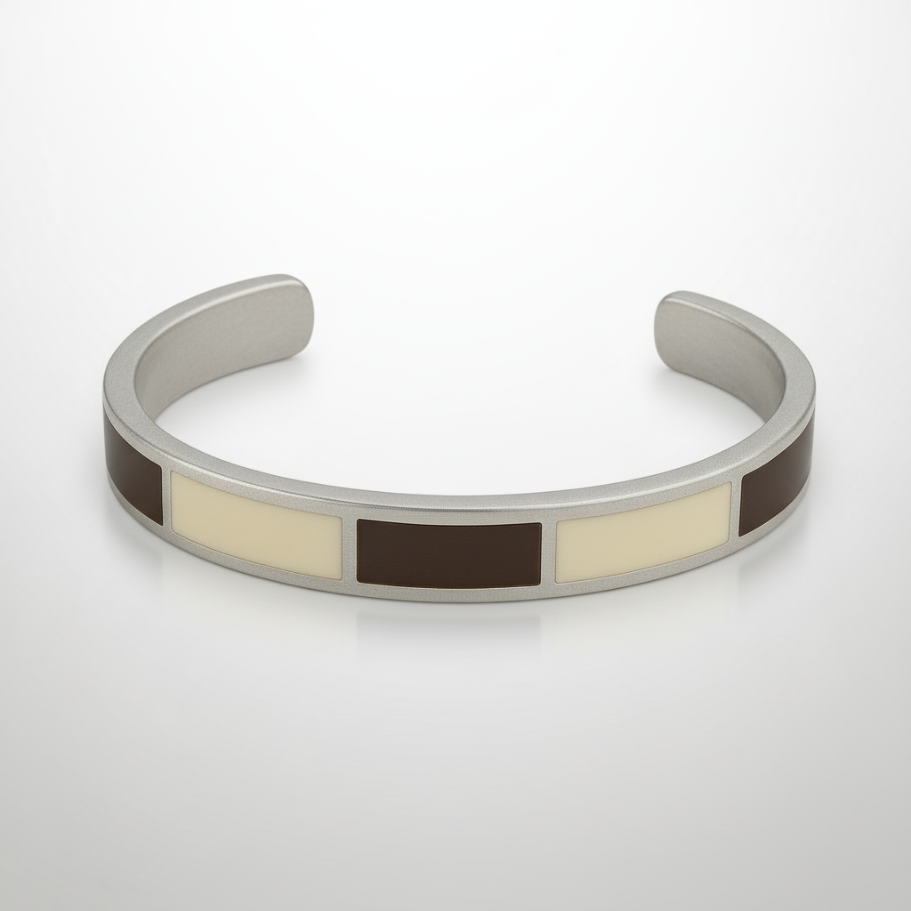 Dune Silver Bangle with brown and beige inlay on a white background