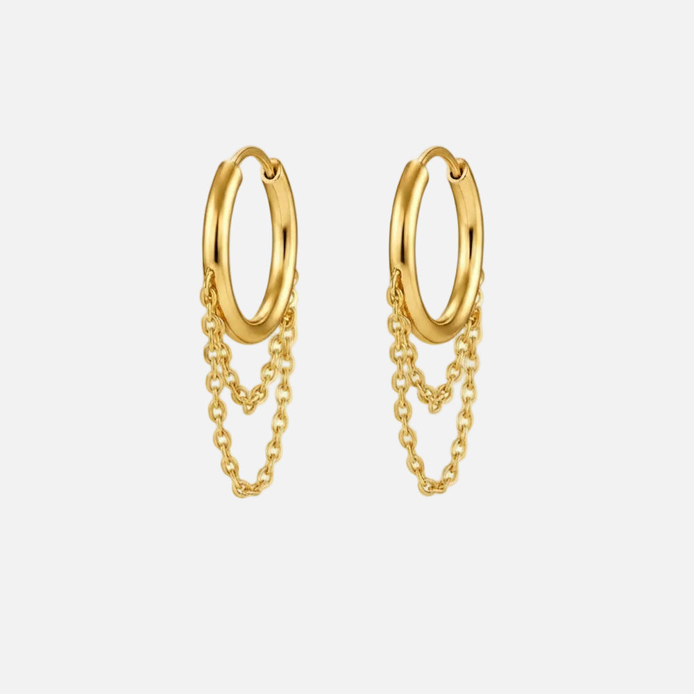 Gold hoop earrings with chain details on a white background - Image 2